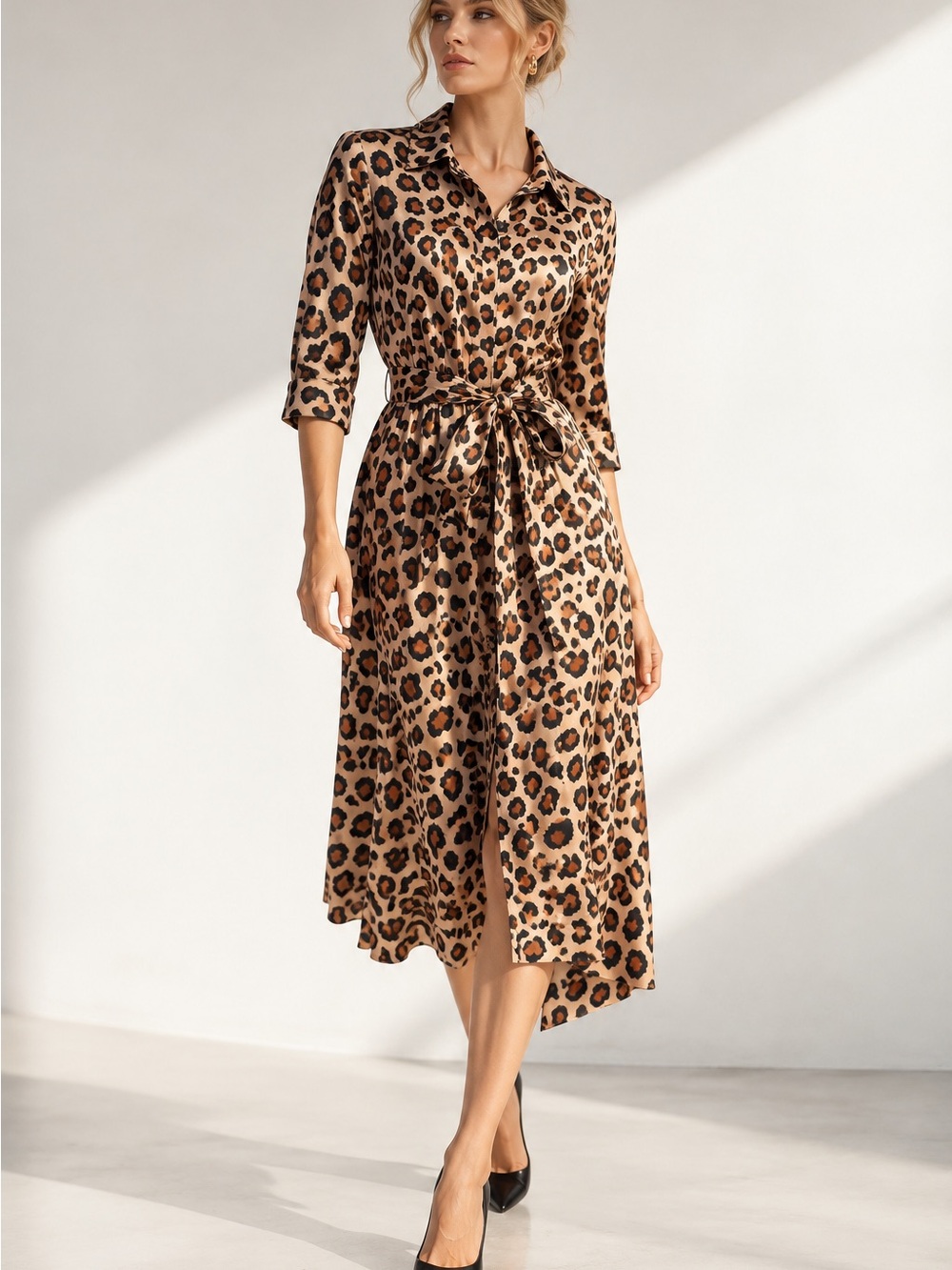 Posh Couture Leopard-Print Shirt Midi Dress - Tan & Black
